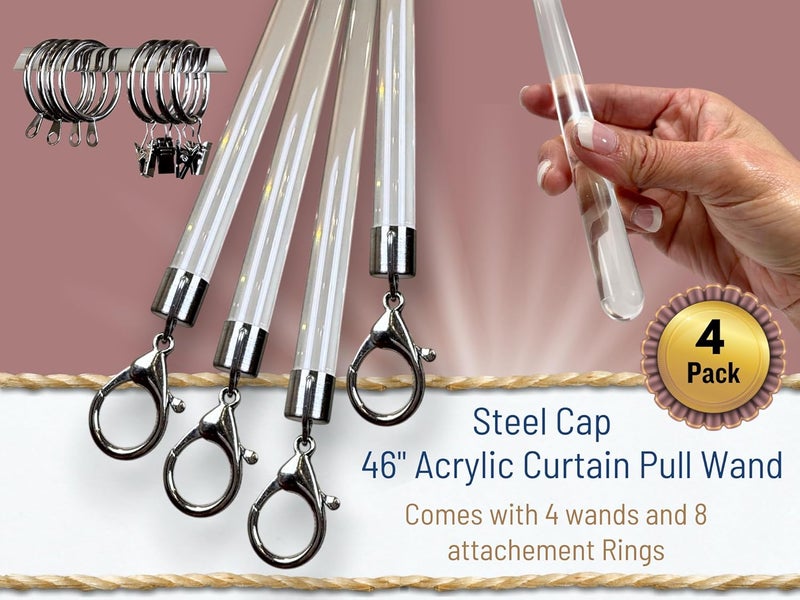 OooWow 46 inch (4 Pack) Steel Cap Acrylic Curtain Pull Wand - 2 inches shy of 48 inch - Versatile Curtain Wand - Invisible Drapery Wand - Clear Drapery Pull Rod (46 Inch) - Image 5